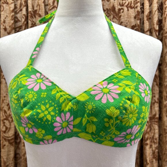Vtg 60s 70s Mod Hippie Hip Hugger Psychedelic Daisy Bikini Swim Bathing Suit - Picture 2 of 12